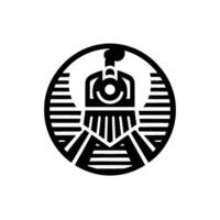 Black and white minimalist featuring a steam train within a circular frame, evoking a sense of journey. vector