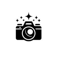illustration of a modern digital camera, stylized in black and white, with sparkling starbursts radiating light and a subtle drop shadow. vector