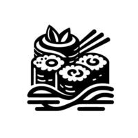 Monochrome illustration of stylized sushi rolls with chopsticks, featuring various floral details and wavy base lines. vector