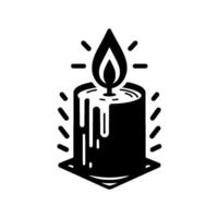 Simplified black and white illustration of a burning candle, with stylized flame, wax drips, and a radiating glow on a geometric base. vector