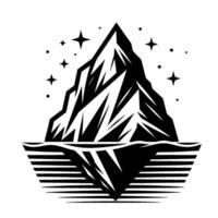 Black and white geometric illustration depicting a mountain peak rising from a textured base, with stars in the sky. vector