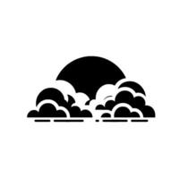 Minimalist black and white illustration depicts a sun obscured by layered, stylized cloud formations, creating a calm and serene atmosphere. vector