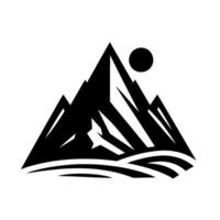 A minimalist representation of snowcapped mountain peaks with a rising sun, rendered in a stark blackandwhite style. vector