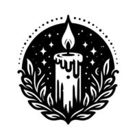 Stylized, black and white illustration of a lit candle within a starry circle, encircled by laurel branches. vector