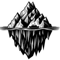 Illustration of a Ship Sailing Near an Iceberg, Reflecting in Calm Waters, with a stark, black and white, woodcut effect. vector