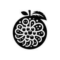 Black and white stylized illustration of an apple with decorative patterns and a leaf, set against a white backdrop. vector