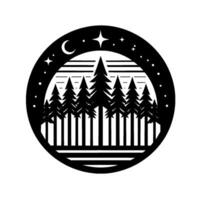 Silhouette of a Pine Forest Under a Crescent Moon and Stars Within a Circular Frame Black and White. vector