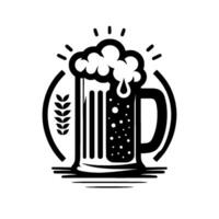 Stylized Black and White Illustration of a Frothy Beer Mug with a Wheat Stalk and Circular Border, Evoking Refreshment and Brewing. vector