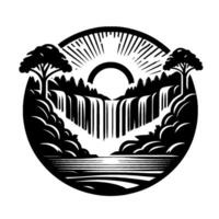 Black and white circular nature art depicting a waterfall cascading into a lake beneath a sunburst, flanked by trees. vector