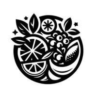 Black and White Circular Fruit Medley Sliced Citrus, Grapes, and a Melon within a stylized decorative frame, perfect for a refreshing brand. vector