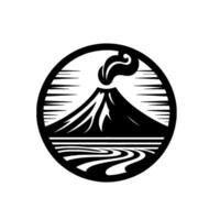 Minimalist Black and White Circular Illustration of a Volcano with flowing smoke, water, and stylized elements. vector