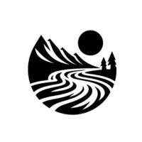 Minimalist Black and White Illustration of a Mountain Landscape with a River, Sun, and Trees within a Circular Frame vector