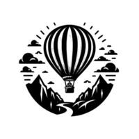 Monochromatic hot air balloon soaring above a mountain range with a river, clouds, and bursts of light in a minimalist . vector