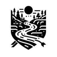 Stylized shieldshaped illustration of a cabin, river winding through a forest, under a full moon, with arrow. vector