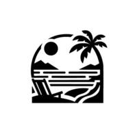 Silhouette of a serene beach scene framed within an arch, featuring a sun, palm tree, mountains, waves and a beach chair. vector