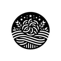 Circular minimalist emblem with abstract knot, waves, leaves, star, and dots in black and white, evoking a calm and balanced aesthetic. vector
