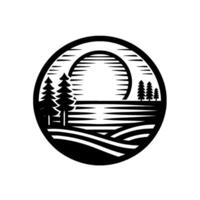 A circular monochrome nature scene features stylized pine trees, a lake, rolling hills, and a sun with radial lines. vector