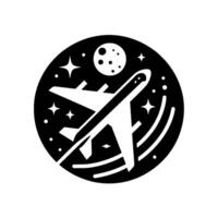A stylized black and white circular emblem featuring an airplane soaring through a night sky with a full moon and stars. vector