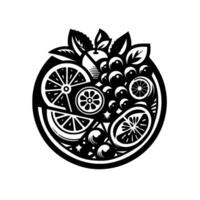 Black and White Illustration of a Circular Fruit Medley with Citrus Slices, Berries, Leaves, and an Apple, in a stylized flat . vector