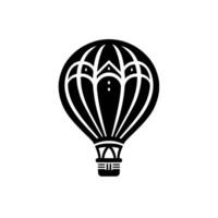 A minimalist black and white hot air balloon , centered on a plain white background, featuring a simplified geometric . vector