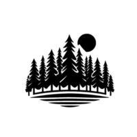 Silhouette of a coniferous forest and sun, presented in minimalist black and white style, evoking serenity and natures simplicity. vector