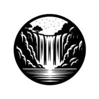 A Black and White Minimalist Waterfall Landscape Scene in a Circular Frame with a serene atmosphere, stars, and simple trees. vector