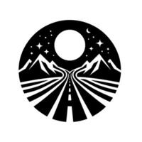 Circular black and white landscape featuring a road winding towards the moon under a starry night sky, with mountains on either side. vector
