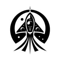 Stylized Black White Rocket Ship within a Circle, featuring Moon Craters, Space Theme, Minimalist . vector