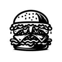 Bold Black and White Illustration of a DoubleDecker Burger with Textured Bun, Cheese, and Drips, on a White Background. vector