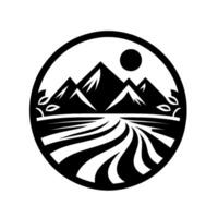 Minimalist black and white circular of a mountain landscape with a sun, fields, and leaves. vector