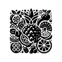 Stylized Black and White Fruit Medley Illustration, Geometric with Citrus, Berries, and Apples in a Square Composition. vector
