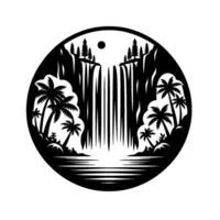 Silhouette of a circular tropical paradise scene, featuring a cascading waterfall, palm trees, cliffs, and sun, all in a black and white minimalist style. vector