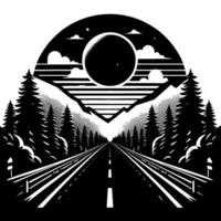 Black and white retro illustration of a road vanishing into a mountain range with pine trees lining the way, a celestial sphere and sky above. vector