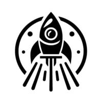A stylized black and white depicting a rocket ship taking off within a circular frame, complete with exhaust trails and decorative dots. vector