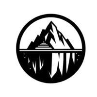 Black and White Geometric Emblem Mountain Peak Above Water with Reflected Image in a Circular Frame. vector