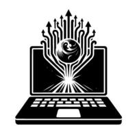Stylized black and white illustration of a laptop with a central cosmic and arrows symbolizing data flow emanating upwards. vector