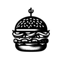 Stylized Black and White Burger Illustration with Detailed Texture, Skewer, and DotPatterned Bun on Isolated White Backdrop. vector