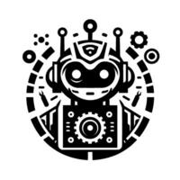 Illustration of a Cute, RetroStyled Robot Centered Within a Symbolic Circular Frame, Emphasizing AI and Technology. vector