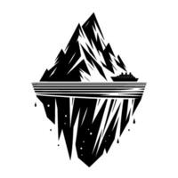 A stylized black and white illustration of an iceberg, with mountainlike formations, a ship, and its reflection, symbolizing cold. vector
