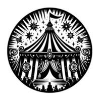 A whimsical black and white illustration of a circular circus scene, with tent, audience, and celestial elements. vector