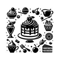 A Stylized Black and White Culinary Composition Cakes, Desserts, and Cherries in a Delicious Array vector