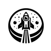 Black and White Retro Rocket Launching from Earths Atmosphere with Stars and Planets in a Circular . vector