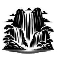 Black and White Illustration of a Majestic Waterfall Cascading Down Rocky Cliffs with Trees and Clouds in a Minimalist Style. vector