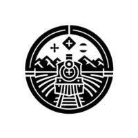 Circular Monochrome Emblem Steam Train, Mountain Range, and Cross Symbols within a Geometric . vector