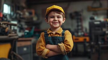 Smiling child dressed in overalls exuding confidence in a cluttered workshop ready to tackle any project with enthusiasm photo