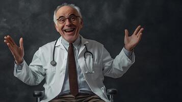 Enthusiastic doctor with joyful expression spreading arms wide in excitement friendly demeanor wearing white coat and tie photo