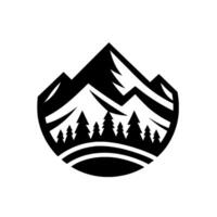 Monochromatic circular mountain scene with stylized jagged peaks, pine trees, and curved base in a minimalistic outdoor theme. vector