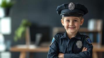 Young Boy Dressed as a Police Officer with Arms Crossed Indoor Smiling with Great Joy and a Sense of Accomplishment and Determination photo