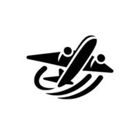 Black stylized airplane with two passengers, jetting upwards from curved takeoff stripes, simple shadow against a gradient gray background. vector