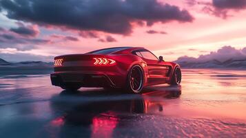 Sleek red sports car on a reflective surface at sunset a stylish design with bright tail lights and a powerful stance photo